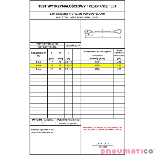 Linka stalowa z pętelkami oc. PCV 5mm x 0,5m