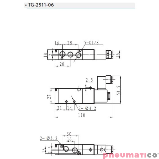Zawór elektropneumatyczny TEKMA jednostronny monostabilny 5/2 1/8" TG-2511-06-DC24 NC 24VDC