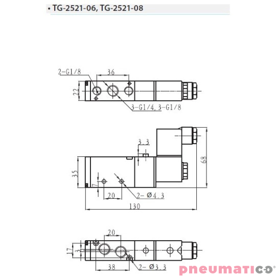 Zawór elektropneumatyczny jednostronny monostabilny 5/2 1/8" TEKMA TG-2521-06-DC24 NC 24DC
