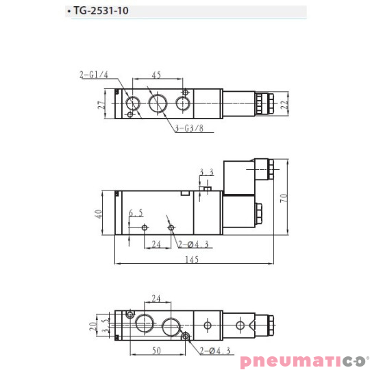 Zawór elektropneumatyczny jednostronny monostabilny 5/2 3/8" TEKMA TG-2531-10-DC24 NC 24VDC