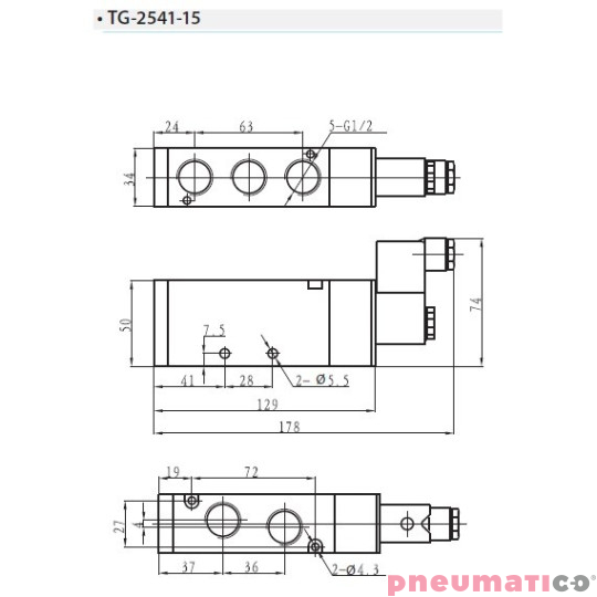 Zawór elektropneumatyczny jednostronny monostabilny 5/2 1/2" TEKMA TG-2541-15-DC24 NC 24VDC Zawór elektropneumatyczny jednostronny monostabilny 5/2 1/2" TEKMA TG-2541-15-DC24 NC 24VDC