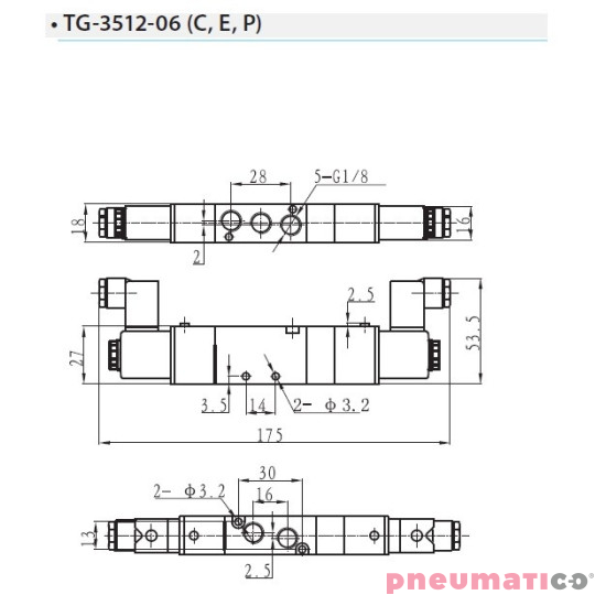 Zawór elektropneumatyczny TEKMA dwustronny, bistabilny z elementem ręcznego przesterowania centralnie odcięty 5/3 1/8" TG-3512-0 Zawór elektropneumatyczny TEKMA dwustronny, bistabilny z elementem ręcznego przesterowania centralnie odcięty 5/3 1/8" TG-3512-0