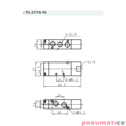 Zawór pneumatyczny jednostronny monostabilny 5/2 G1/8" TEKMA TG-2511A-06 Zawór pneumatyczny jednostronny monostabilny 5/2 G1/8" TEKMA TG-2511A-06