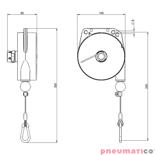 Balanser z przewodem powietrznym 9322L-P932X TECNA 3-5kg 2000mm + uchwyt Balanser z przewodem powietrznym 9322L-P932X TECNA 3-5kg 2000mm + uchwyt