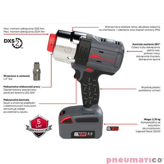 Akumulatorowy klucz udarowy z wymiennym wrzecionem Ingersoll Rand W7153EU-K22B-EU DXS® 1/2" 2034 Nm (2 aku. lI-ikon 20V, 5Ah)