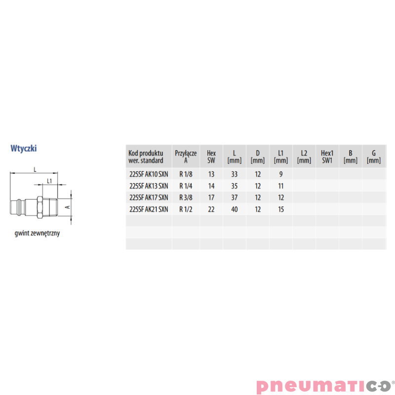 Złącze męskie z gw. zew. typ 225SF AK13 1/4" RQS 225SFAK13SXN