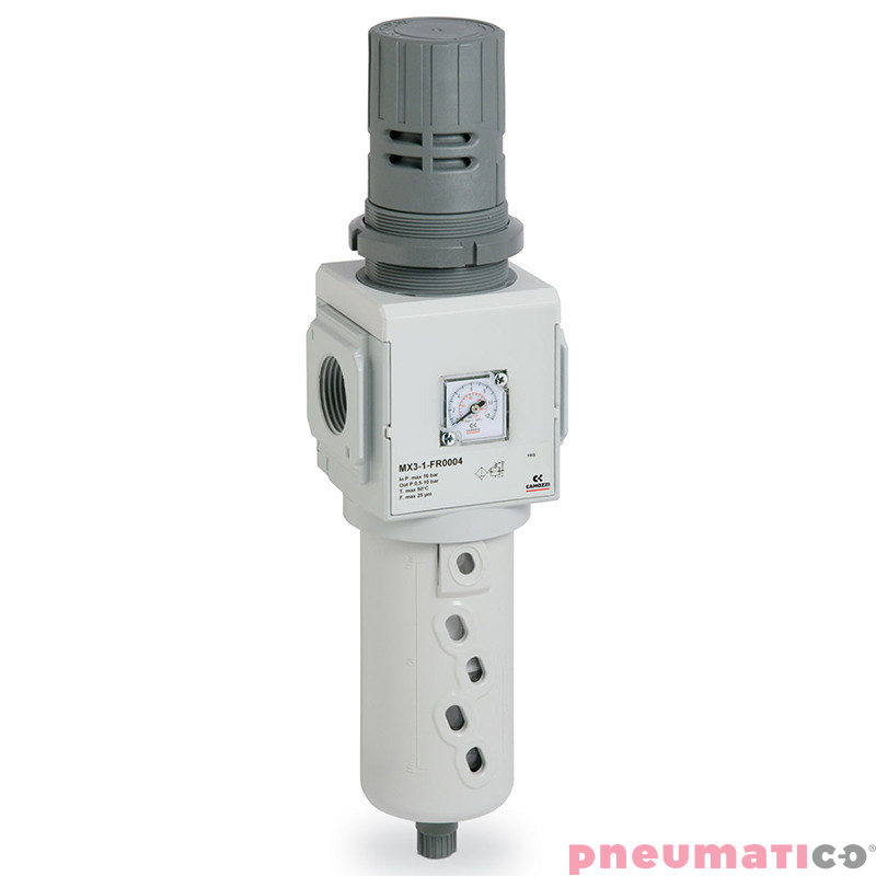 Filtro-reduktor serii MX G1" 0,5-10 bar z automatycznym spustem kondensatu i manometrem 25mm CAMOZZI MX3-1-FR0304 Filtro-reduktor serii MX G1" 0,5-10 bar z automatycznym spustem kondensatu i manometrem 25mm CAMOZZI MX3-1-FR0304