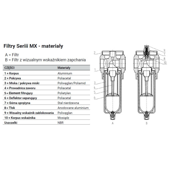 Filtr powietrza serii MX G1/2" z półautomatycznym spustem kondensatu 5μm Camozzi MX2-12-F10