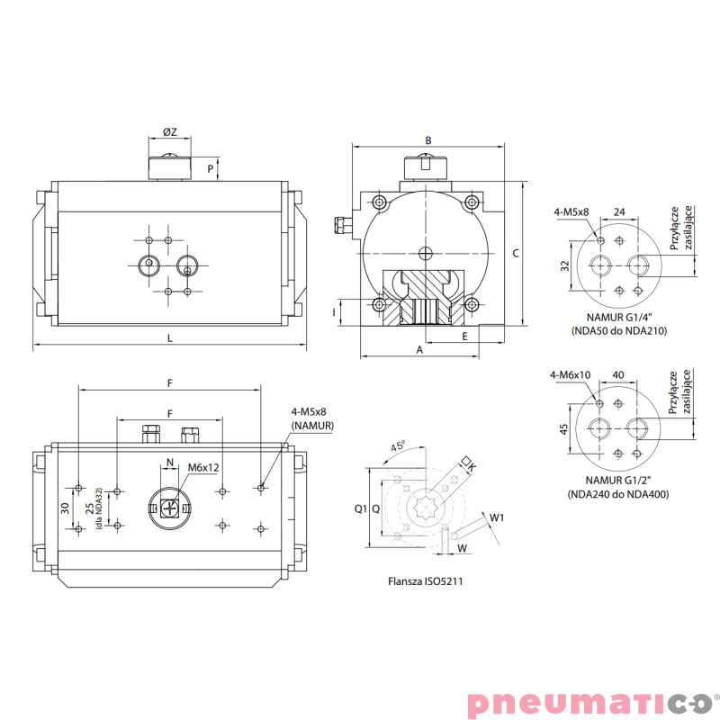 Pneumatyczny napęd obrotowy dwustronnego działania R.85 F05/07-17mm NDA85F57X17 RQS Pneumatyczny napęd obrotowy dwustronnego działania R.85 F05/07-17mm NDA85F57X17 RQS