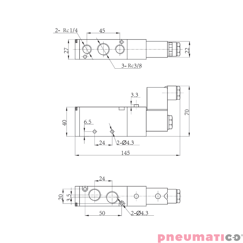 Zaw&oacute;r elektropneumatyczny jednostronny monostabilny 5/2 3/8" TEKMA TG-2531-10-DC24 NC 24VDC