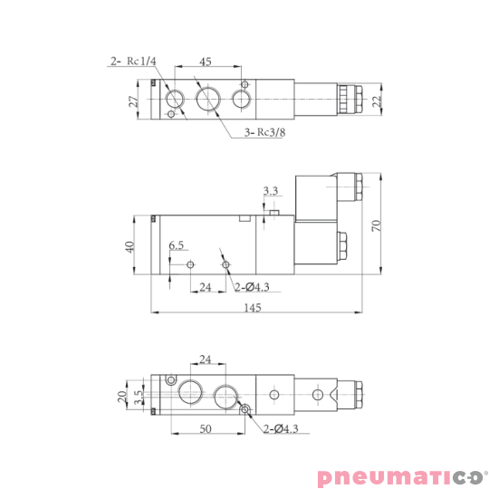 Zaw&oacute;r elektropneumatyczny jednostronny monostabilny 5/2 3/8" TEKMA TG-2531-10-DC24 NC 24VDC