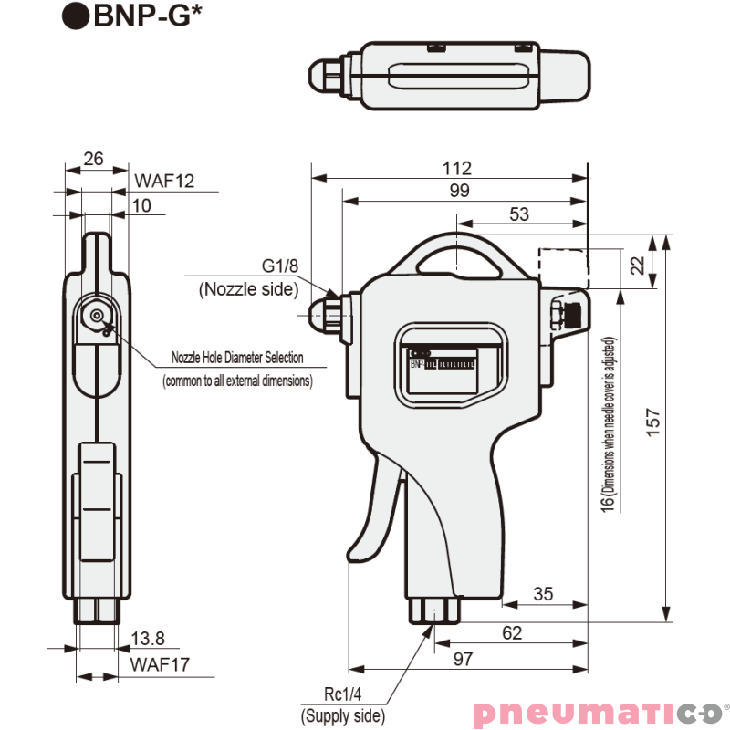 Pistolet impulsowy z regulacją dysza 2,5mm CKD BNP-G25-P4 Pistolet impulsowy z regulacją dysza 2,5mm CKD BNP-G25-P4