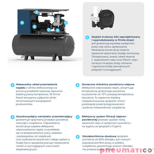 Kompresor - sprężarka śrubowa 3 kW 8 BAR AIRPOL CompactPrime 3 DRY z separatorem cyklonowym i osuszaaczem Kompresor - sprężarka śrubowa 3 kW 8 BAR AIRPOL CompactPrime 3 DRY z separatorem cyklonowym i osuszaaczem
