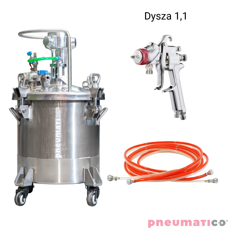 Zbiornik ciśnieniowy do natrysku nierdzewny 20L z mieszadłem Agregat malarski MP20SS-W5 Pneumatico Tank / Węże / Pistolet EXPERT HP dysza 1,1 mm