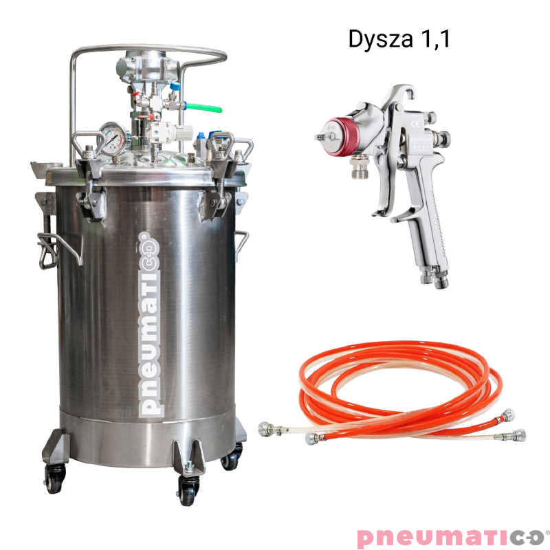 Zbiornik ciśnieniowy do natrysku nierdzewny 60L z mieszadłem Agregat malarski MP60SS Pneumatico Tank / Węże / Pistolet EXPERT HP dysza 1,1 mm