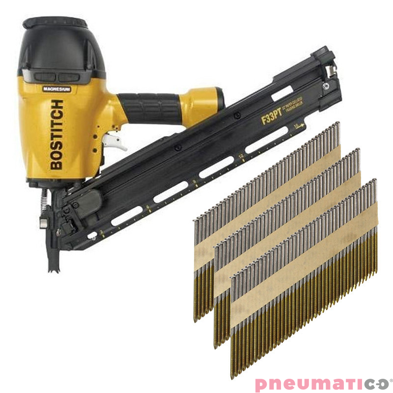 Gwoździarka pneumatyczna F33PT-E Stanley - Bostitch + Gwoździe łączone papierem PNEUMATICO 34° 2.8/65 BK RI 1op.- 4.000szt. P342865BKRI-4