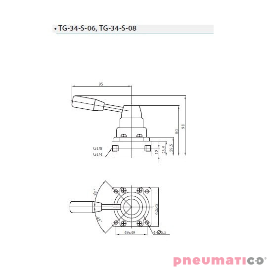 Zawór ręczny z dźwignią TEKMA 4/3 1/8" centralnie odpowietrzony TG-34-S-06E  Zawór ręczny z dźwignią TEKMA 4/3 1/8" centralnie odpowietrzony TG-34-S-06E