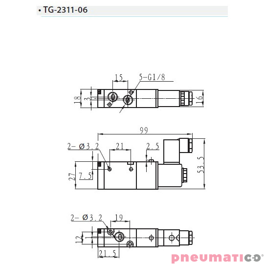 Zawór elektropneumatyczny 3/2 sterowany jednostronnie TEKMA TG-2311-06-AC220 NC 1/8" 220VAC Zawór elektropneumatyczny 3/2 sterowany jednostronnie TEKMA TG-2311-06-AC220 NC 1/8" 220VAC