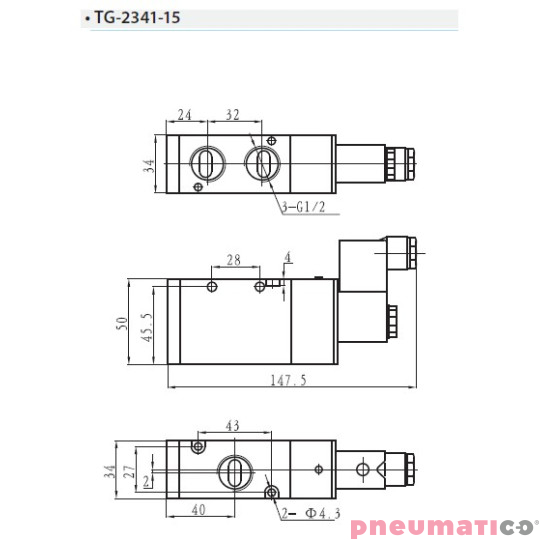 Zawór elektropneumatyczny 3/2 sterowany jednostronnie TEKMA TG-2341-15-AC220V NC 1/2" 220VAC Zawór elektropneumatyczny 3/2 sterowany jednostronnie TEKMA TG-2341-15-AC220V NC 1/2" 220VAC