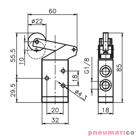Zawór ręczny dźwigniowy z rolką, łożyskiem i sprężyną 3/2 PNEUMAX Zawór ręczny dźwigniowy z rolką, łożyskiem i sprężyną 3/2 PNEUMAX