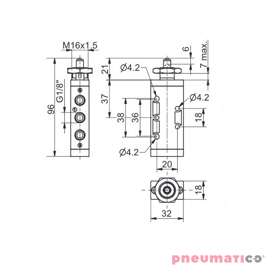 Zawór pneumatyczny popychacz panel - sprężyna T228.52.1.1 5/2 PNEUMAX 1/8" Zawór pneumatyczny popychacz panel - sprężyna T228.52.1.1 5/2 PNEUMAX 1/8"