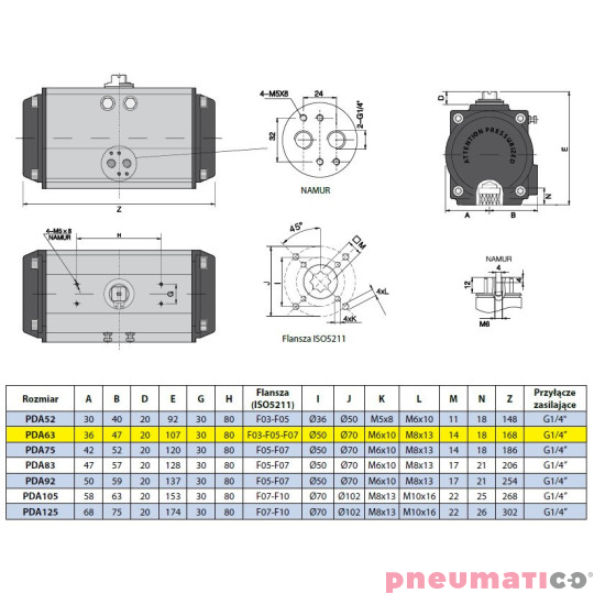 Pneumatyczny napęd obrotowy dwustronnego działania PDA63F57X14 RQS 
