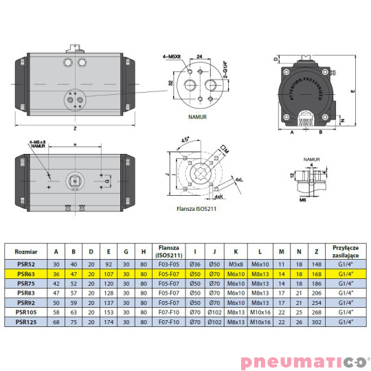 Pneumatyczny napęd obrotowy jednostronnego działania PSR63F57X14 RQS