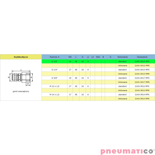 Szybkozłącze niskociśnieniowe żeńskie z gw.wew typ 21KA 1/8" RQS 21KAIW10MPX Szybkozłącze niskociśnieniowe żeńskie z gw.wew typ 21KA 1/8" RQS 21KAIW10MPX