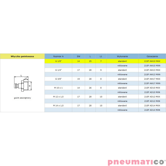 Szybkozłącze niskociśnieniowe męskie z gw.zew typ 21KA 1/8" RQS 21SFAW10MXX Szybkozłącze niskociśnieniowe męskie z gw.zew typ 21KA 1/8" RQS 21SFAW10MXX