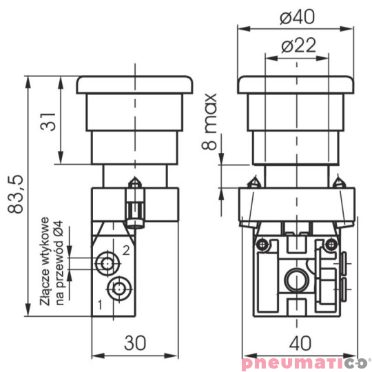 Zawór ręczny - przycisk awaryjny dwupozycyjny 3/2 NC PNEUMAX