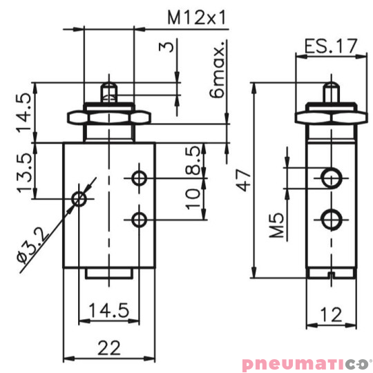 Zawór ręczny - popychacz - sprężyna 3/2 PNEUMAX Zawór ręczny - popychacz - sprężyna 3/2 PNEUMAX