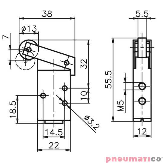 Zawór ręczny - dźwignia z rolką, łożysko - sprężyna 3/2 PNEUMAX Zawór ręczny - dźwignia z rolką, łożysko - sprężyna 3/2 PNEUMAX