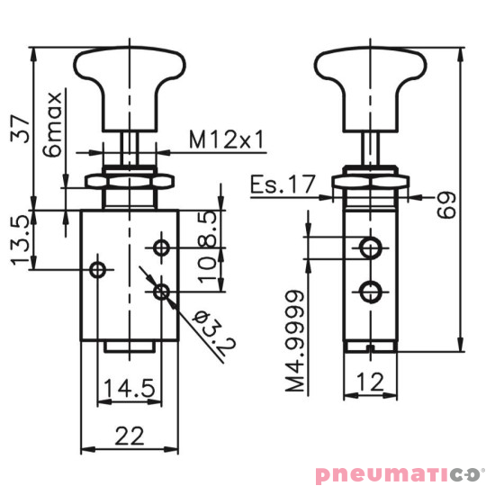 Zawór ręczny - przycisk sprężyna 3/2 PNEUMAX Zawór ręczny - przycisk sprężyna 3/2 PNEUMAX