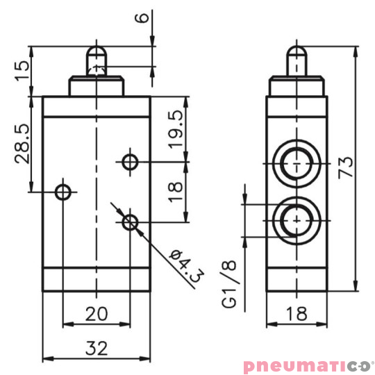 Zawór ręczny - popychacz sprężyna 3/2 PNEUMAX Zawór ręczny - popychacz sprężyna 3/2 PNEUMAX