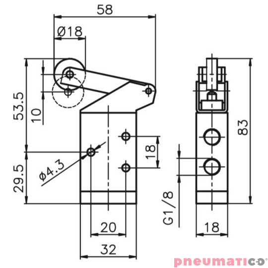 Zawór ręczny - dźwignia z rolką - sprężyna 3/2 PNEUMAX Zawór ręczny - dźwignia z rolką - sprężyna 3/2 PNEUMAX
