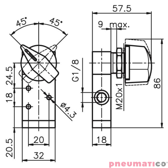 Zawór ręczny - przełącznik boczny dwupozycyjny 3/2 PNEUMAX Zawór ręczny - przełącznik boczny dwupozycyjny 3/2 PNEUMAX