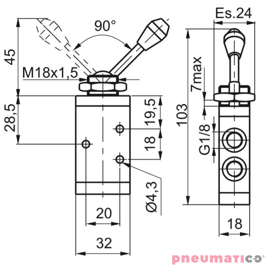 Zawór ręczny - dźwignia w osi zaworu - dwupozycyjny 3/2 PNEUMAX