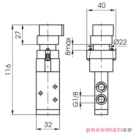 Zawór ręczny - przełącznik dwupozycyjny 3/2 PNEUMAX Zawór ręczny - przełącznik dwupozycyjny 3/2 PNEUMAX
