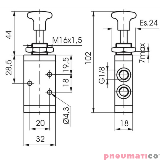 Zawór ręczny - przycisk sprężyna 3/2 PNEUMAX Zawór ręczny - przycisk sprężyna 3/2 PNEUMAX