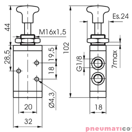 Zawór ręczny - przycisk dwupozycyjny 3/2 PNEUMAX Zawór ręczny - przycisk dwupozycyjny 3/2 PNEUMAX