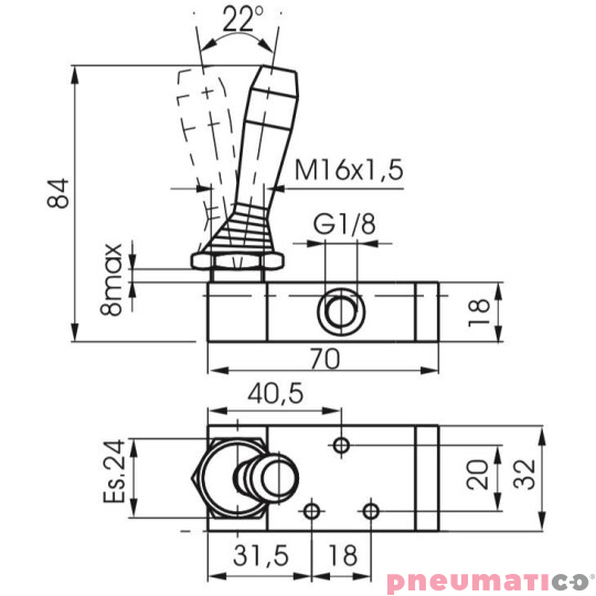 Zawór ręczny - dźwignia boczna sprężyna 3/2 PNEUMAX