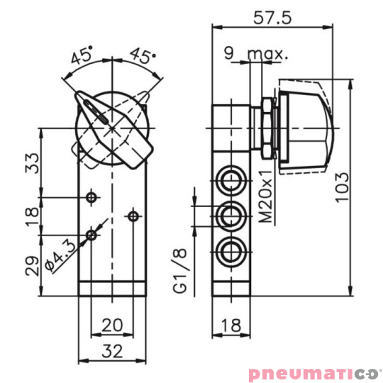 Zawór ręczny - przełącznik boczny dwupozycyjny 5/2 PNEUMAX Zawór ręczny - przełącznik boczny dwupozycyjny 5/2 PNEUMAX