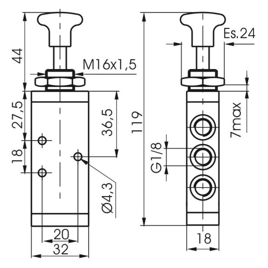 Zawór ręczny - przycisk dwupozycyjny 5/2 PNEUMAX