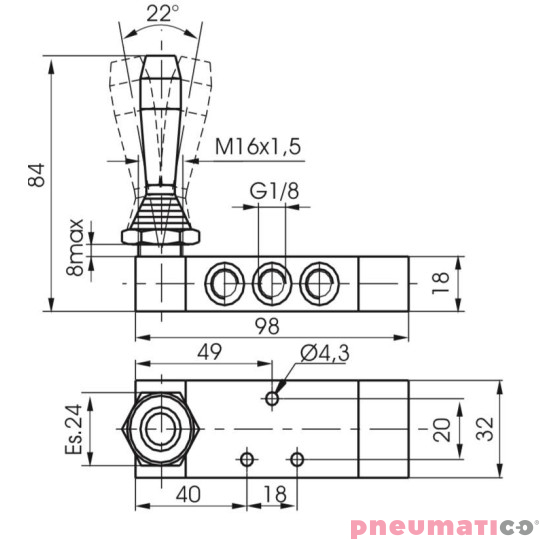 Zawór ręczny - dźwignia boczna trójpozycyjna - powrót sprężyną do pozycji środkowej 5/3 PNEUMAX Zawór ręczny - dźwignia boczna trójpozycyjna - powrót sprężyną do pozycji środkowej 5/3 PNEUMAX