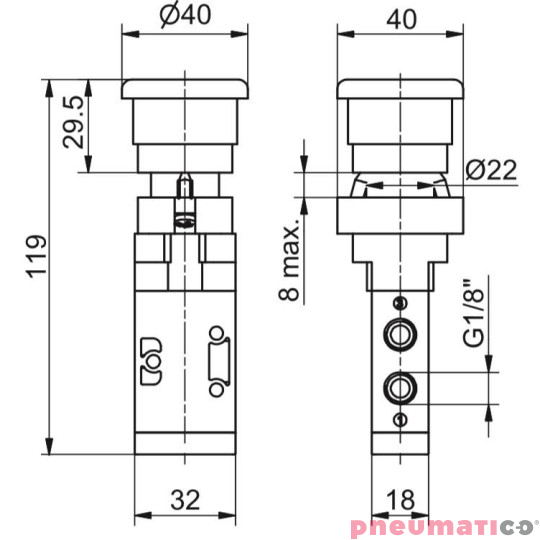 Zawór ręczny - przycisk awaryjny dwupozycyjny 3/2 PNEUMAX Zawór ręczny - przycisk awaryjny dwupozycyjny 3/2 PNEUMAX