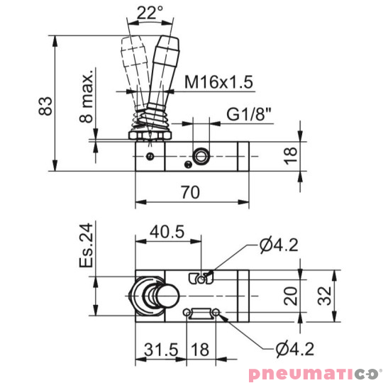 Zawór ręczny - dźwignia boczna sprężyna 3/2 PNEUMAX Zawór ręczny - dźwignia boczna sprężyna 3/2 PNEUMAX