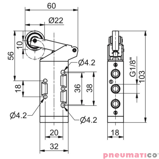 Zawór ręczny - dźwignia z rolką (łożysko kulkowe) - sprężyna 5/2 PNEUMAX Zawór ręczny - dźwignia z rolką (łożysko kulkowe) - sprężyna 5/2 PNEUMAX