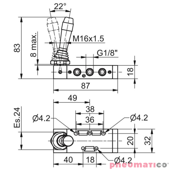 Zawór ręczny - dźwignia boczna sprężyna 5/2 PNEUMAX Zawór ręczny - dźwignia boczna sprężyna 5/2 PNEUMAX