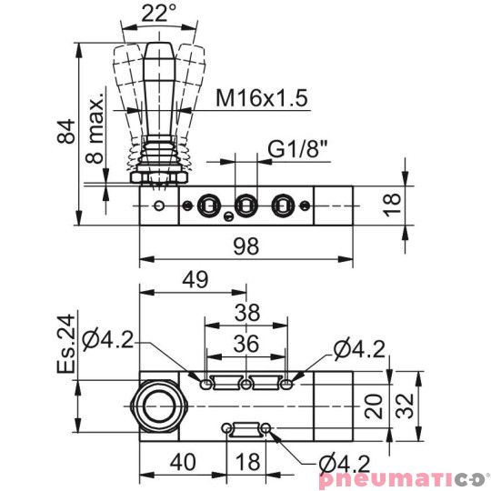 Zawór ręczny - dźwignia boczna trójpozycyjna - powrót sprężyną do pozycji środkowej 5/3 PNEUMAX Zawór ręczny - dźwignia boczna trójpozycyjna - powrót sprężyną do pozycji środkowej 5/3 PNEUMAX
