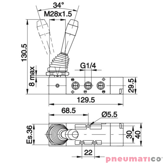 Zawór ręczny - dźwignia boczna dwupozycyjna 5/2 PNEUMAX Zawór ręczny - dźwignia boczna dwupozycyjna 5/2 PNEUMAX